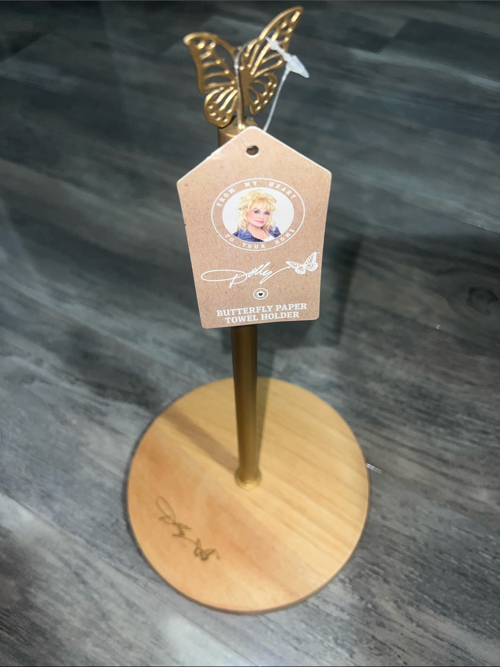 Dolly Signature Gold Butterfly Paper Towel Holder with Wood Base